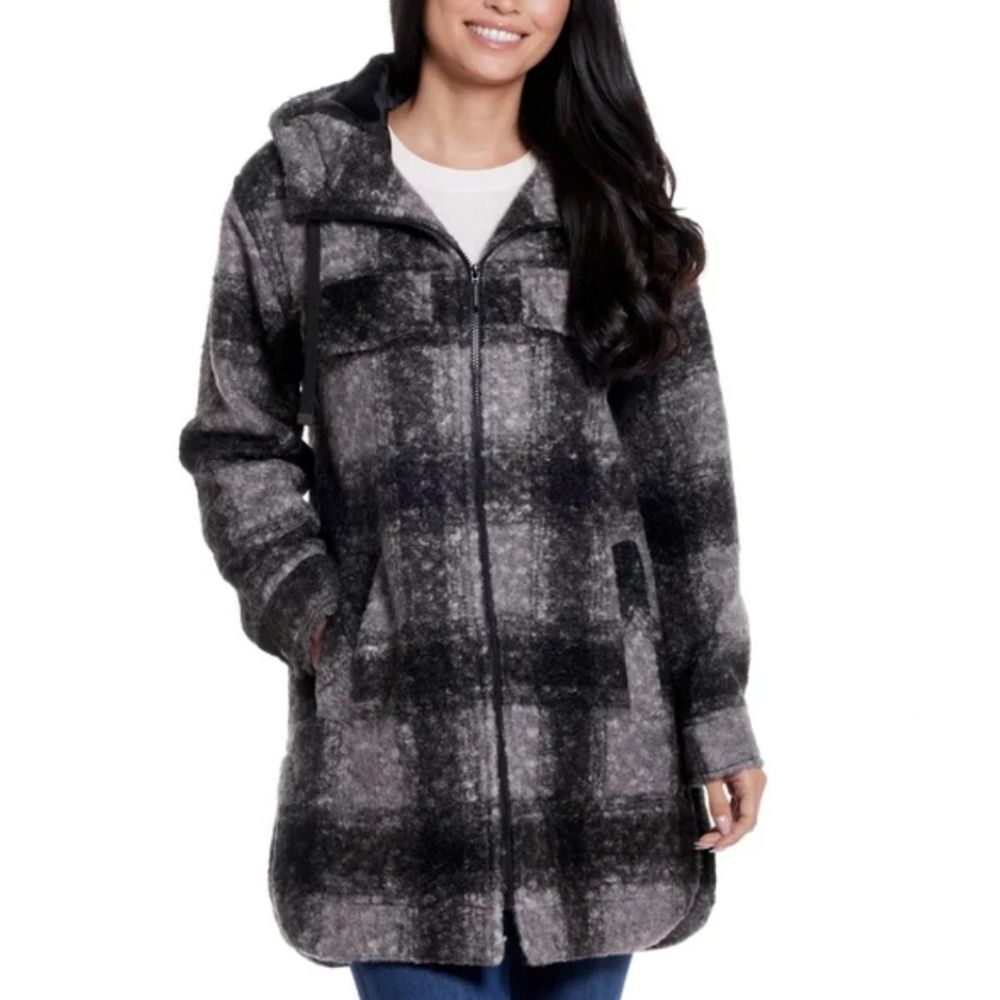 Weatherproof Women's Soft Boucle Hooded Long Jacket Black Plaid Heavyweight XS - Picture 2 of 16